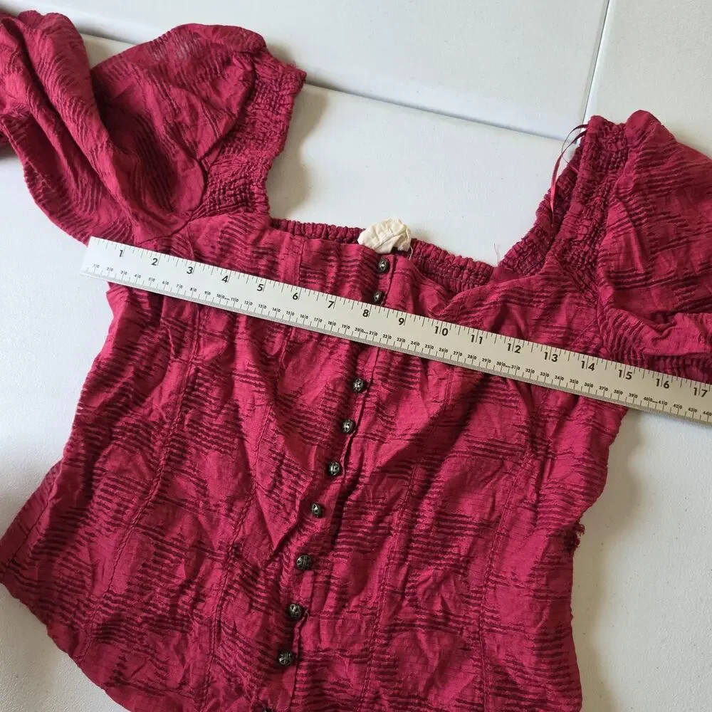 Anthropologie Blouse Womens Small Red Square Neck Puff Sleeve Cropped Top Boho